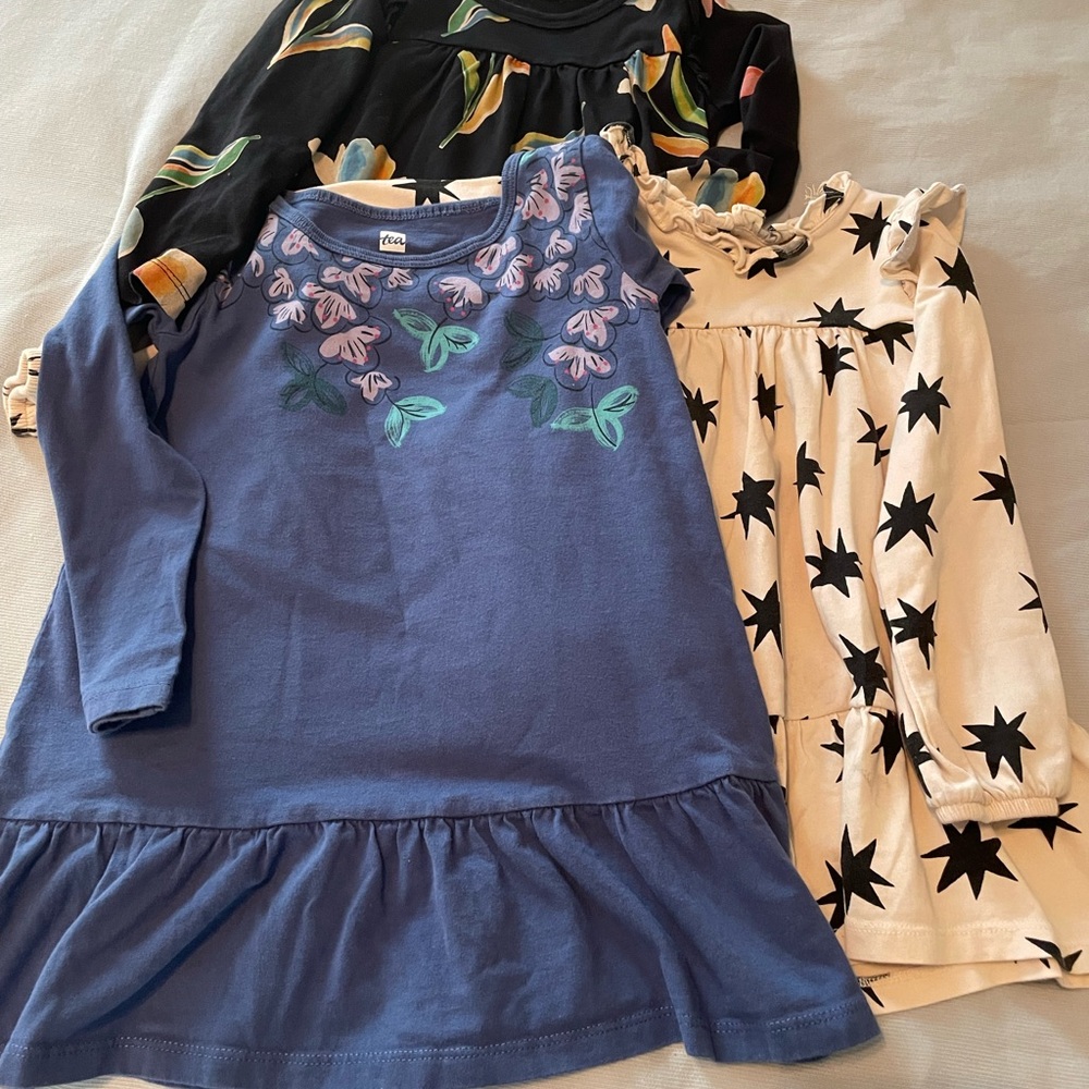 Tea Collection Blue and Cream Dresses with Floral and Star Patterns